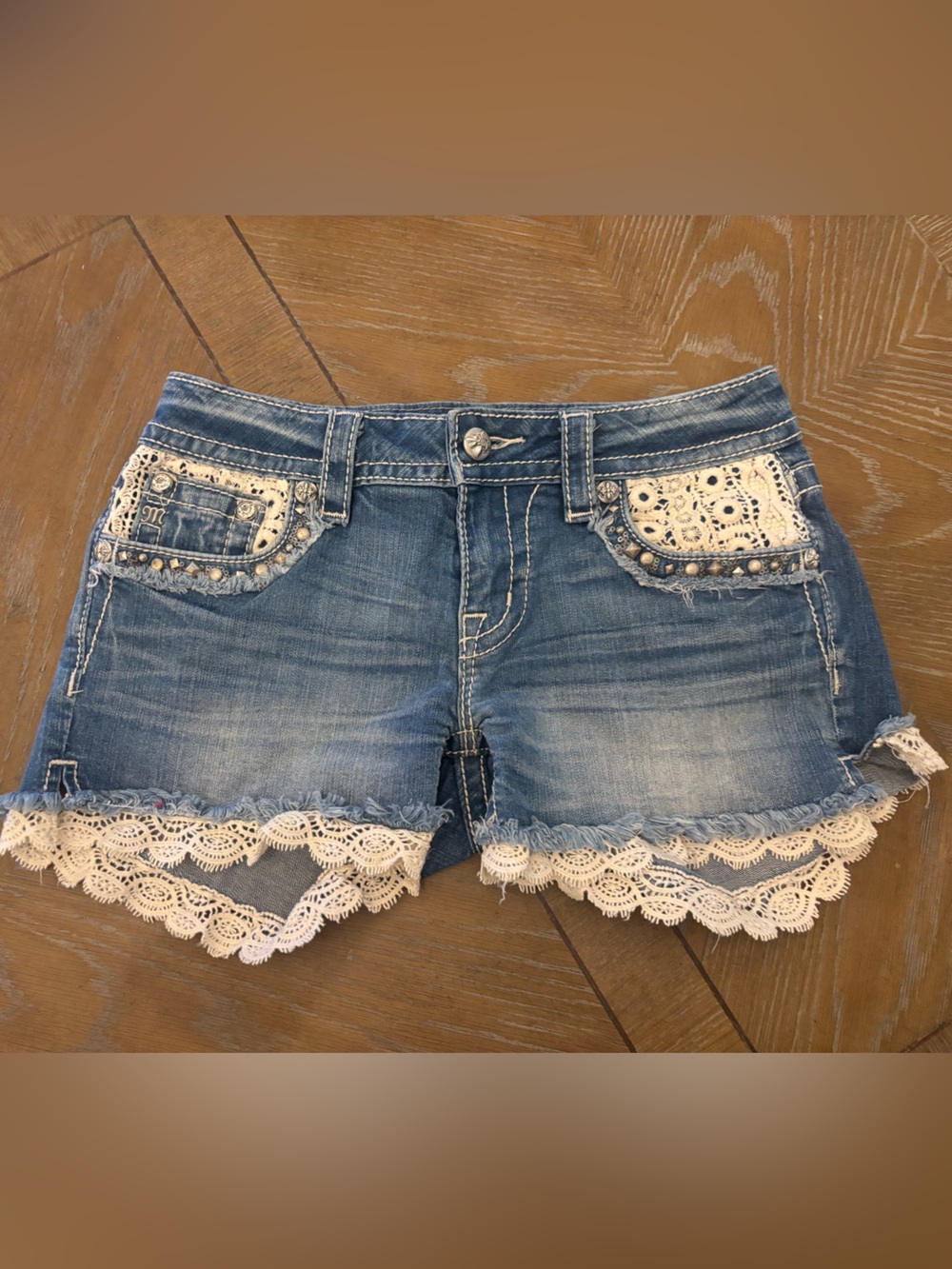 Miss Me Blue Denim Shorts with White Lace Trim
